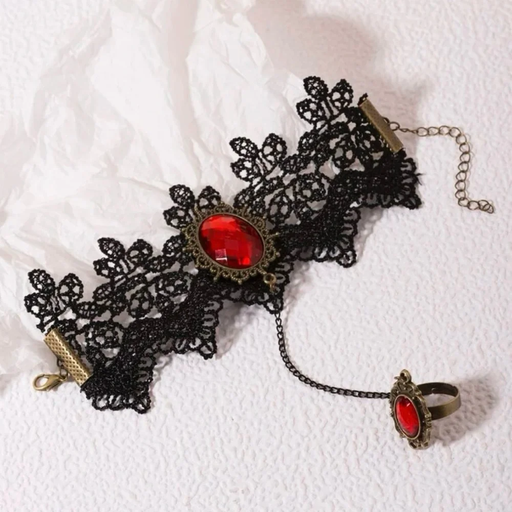 Blood Red Stone Lace Mittens  Bracelet With Ring Link Goth Core Grunge Core